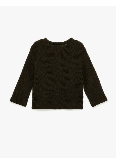 Koton Bisiklet Yaka 3/4 Kollu Dokulu Sweatshirt Kahverengi 6wkg10537ak Kahve