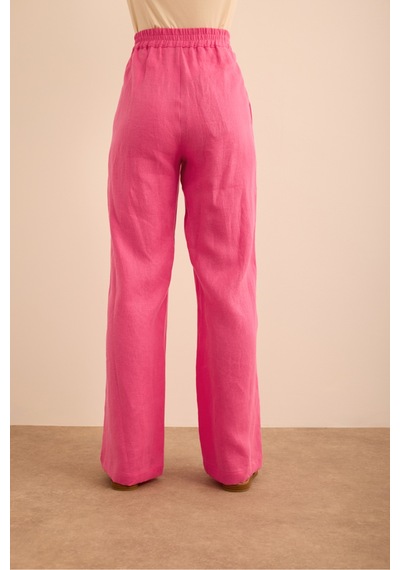 Aker Beli Lastikli Keten Pantolon Pembe Pembe