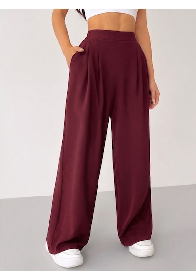 Genius Store Kadın Pantolon Scuba Krep Kumaş Beli Lastikli Cepli Pileli Geniş Paça Palazzo Pantolon Scuba-crep Bordo