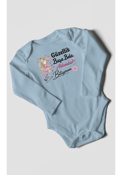 Morivokids Güzellik Başa Bela Ablamdan Biliyorum Uzun Kollu Bebek Body %100 Pamuk Bebe Mavisi