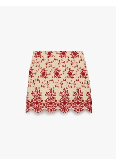 Koton Keten Karışımlı Brodeli Floral Nakış Detaylı A Kesim Mini Etek Kırmızı Desenli 6sak70155ew Koton Keten Karışımlı Brodeli Floral Nakış Detaylı A Kesim Mini Etek Kırmızı Desenli 6sak70155ew