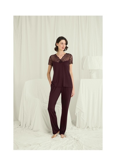 Aria's Closet Arias Closet Kısa Kollu Ve Dantelli V Yaka Pijama Takımı MÜRDÜM