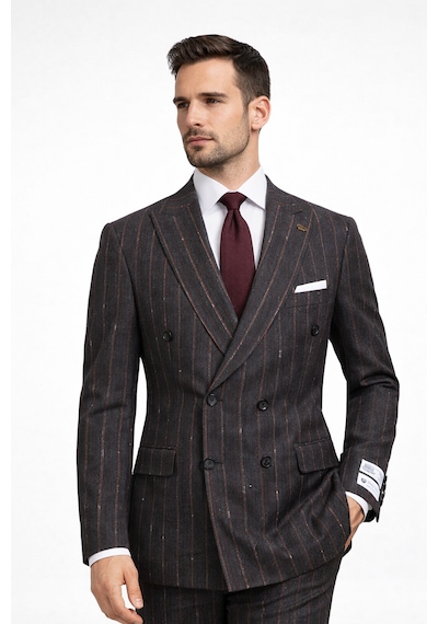 Fabıo Cassel Çizgili Kruvaze Erkek Takım Elbise Slim Fit Füme