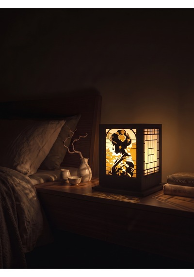 Serie Lumina Shoji Masa Ve Gece Lambası - Geyşa Figürlü Klasik Zen Kafes Japon Feneri Sıcak Led Ambiyans Işığı Siyah
