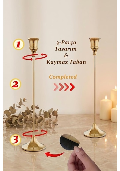 Vintage Metal Şamdan 3'lü Set, Altın Renk, Paslanmaz Çelik, Çizilmeye Dayanıklı, Dekoratif Mumluk, Minimalist Tem Çok Renkli