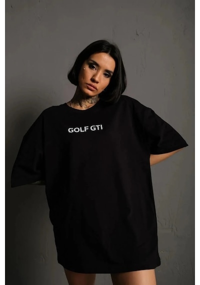 Kadın Oversize Tişört Golf Gtı Retro Araba Baskılı T-shirt- Siyah Siyah