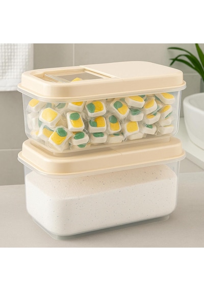 2'li Set 7,5 Lt Mega Banyo Düzenleyici Kayar Kapaklı Etiketli Toz Tablet Deterjan Saklama Kutus Gri-şeffaf-antrasit