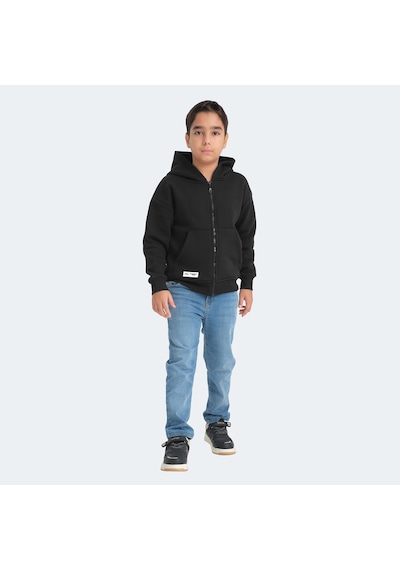Slazenger LEKAN Çocuk Fermuarlı Kapüşonlu Cepli Siyah Sweatshirt