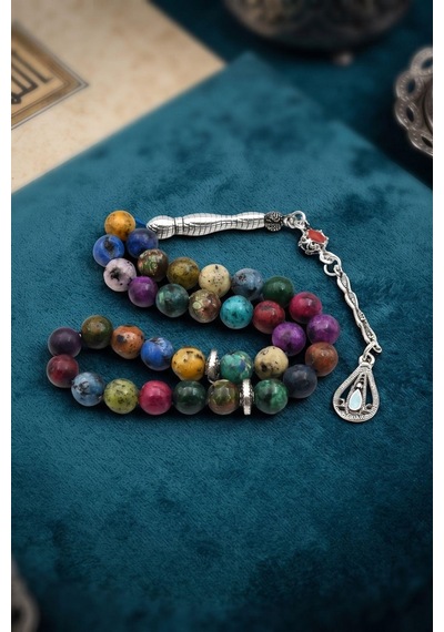 Doğal Jade Taşlı 33'lük Tesbih Metal Püsküllü 8mm Küre Kesim 902836