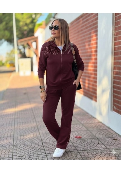 Hazego Kadın Uzun Kollu Önden Fermuarlı Pul Payetli Alt Üst Viskon Iki Iplik Takım Bordo