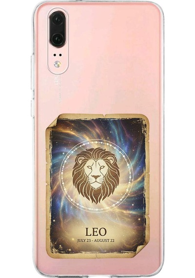 Huawei P20 İle Uyumlu Burç Kartları Aslan Tasarımlı Şeffaf Silikon Kılıf Şeffaf