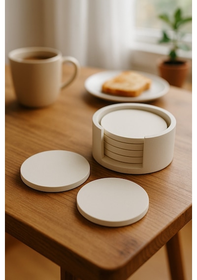 Minimalist Beton Bardak Altlığı Seti - 4 Lü Mat Beyaz Yuvarlak Tasarım & Stand Dahil Krem