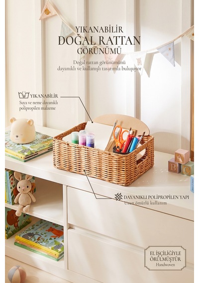 Ocean Home Textile Çocuk Odası Yıkanabilir Bej Pp Rattan Sepet 33 X 23 X 11 Cm