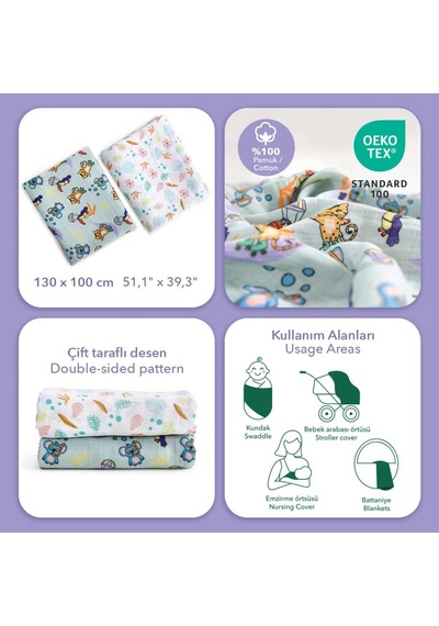 Milk&moo Müslin Örtü 2'li Set Jungle Friends Çok Renkli