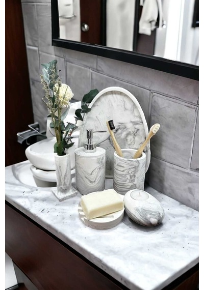 6'lı Mermer Desen Beton Banyo Seti,sabunluk,diş Fırçalığı,aksesuar,mumluk,tütsülük,tepsi,dekorasyon Gri