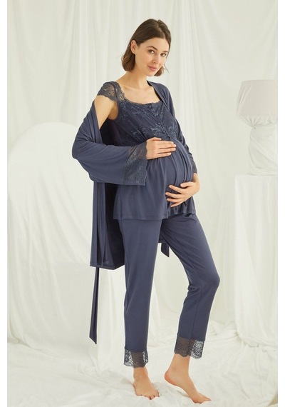 Burdagel Monamise Kadın Lacivert Hamile Lohusa Sabahlıklı Pijama Takım 182