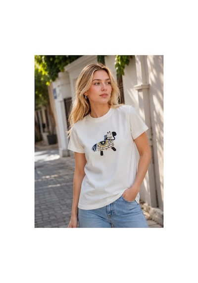 Meridefashion Nakışlı At Figürlü Beyaz Kadın Tişört Günlük Outdoor Şık Bluz M