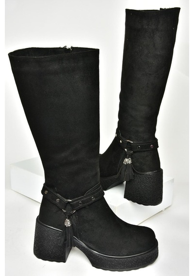 Fox Shoes T996224002 Siyah Süet Kalın Topuklu Kadın Çizme Siyah-süet