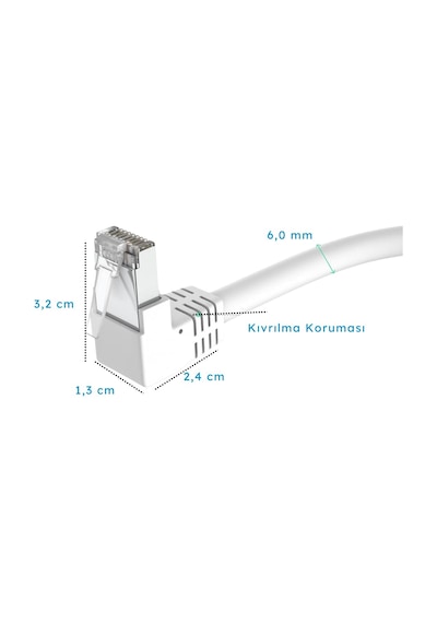 Cat 6, S/ftp, 90 Açılı Dirsek Kablo, 3 Metre Beyaz Standart