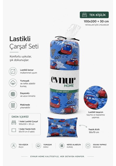 Araba Desenli Tek Kişilik Lastikli Çarşaf Seti Çok Renkli