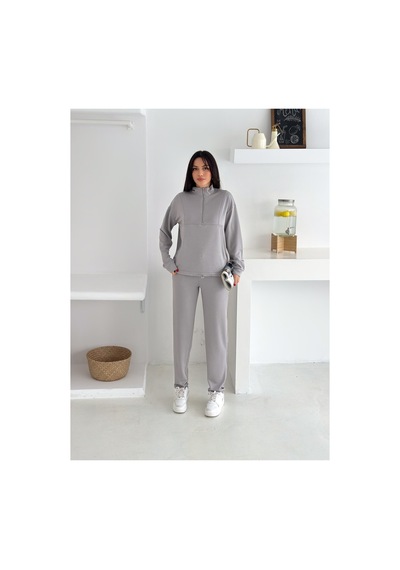 Gugus Kadın Yarım Fermuarlı Model Beli Lastikli Dar Paça Eşofman Takımı Gri