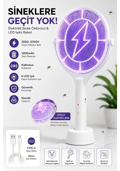 Elektrikli Sinek Öldürücü Raket 3500-3700v, 1200 Mah, Type-c Şarjlı