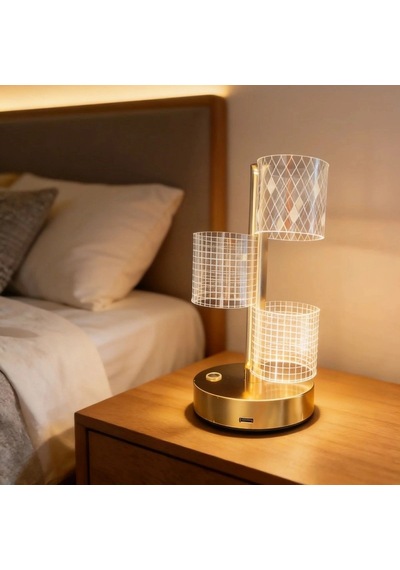 3 Parça Silindirik Kristal Ekose Kareli Led Masa Lambası - Gold Gövdeli, Dokunmatik, 3 Kademe Işık Ayarlı Şarjlı Dekoratif Lamba Bx40 Çok Renkli
