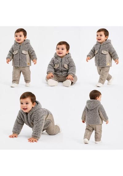Veraura Lifestyle 6/24 Ay Deri Detaylı Ceketli Kuzu Bebek Takımı Gri
