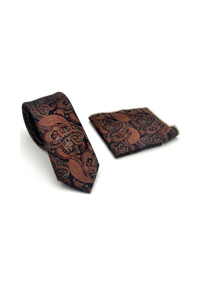 Gaffy Kahverengi Şal Desenli Lacivert Dokuma Kumaş Mendilli Slim Fit Kravat // Sdk-2607-5 Kahverengi