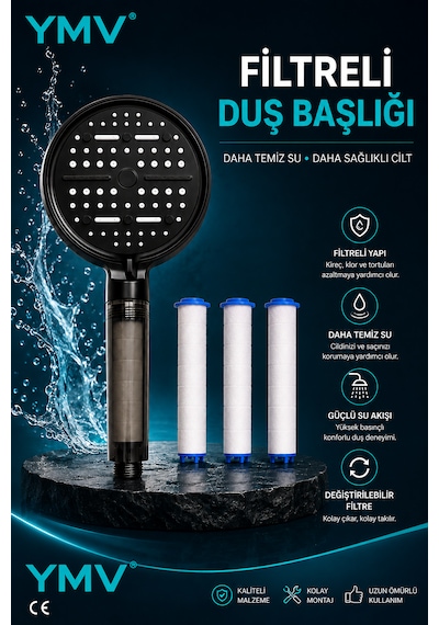 Ymv Siyah Lüx Filtreli 3 Lü Duş Seti Masajlı Fonksiyonlu Duş Başlığı Hortum Ve Askı Tam Set