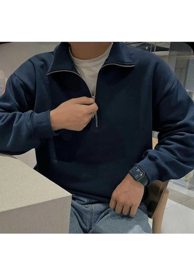 Kozia Outdoors Dik Yakalı Fermuarlı Oversize Unisex Sweatshirt Lacivert