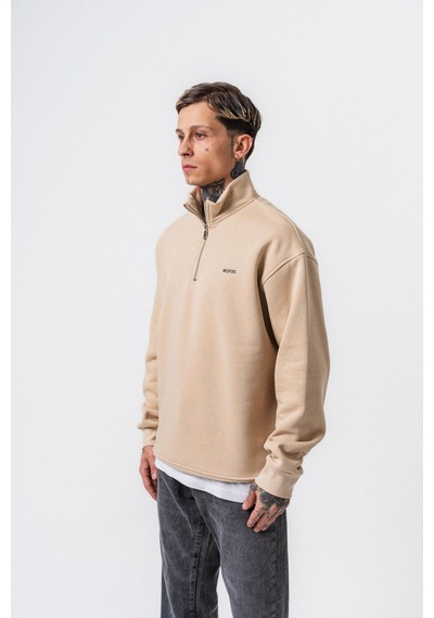 Erkek Respire Yazı Detaylı Yarım Fermuarlı Basic Sweatshirt Bej