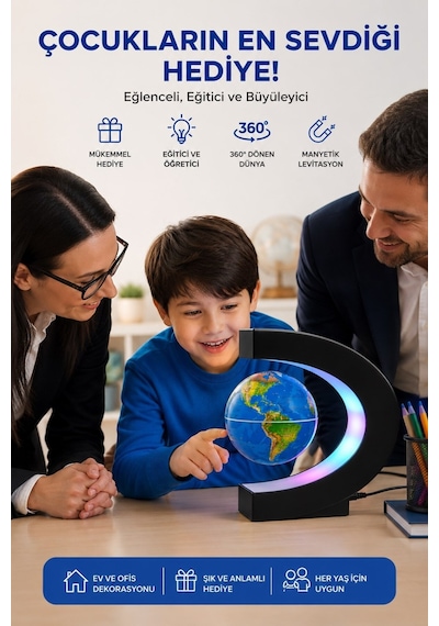 Led Işıklı Manyetik Havada Dönen Dünya Küresi Dekoratif Masa Lambası Globe Biblo 17 Cm