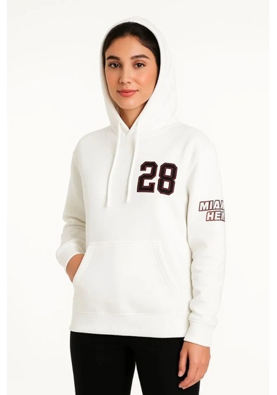 Üç İplik Kapüşonlu Ön Ve Arka Baskılı Sweatshirt Hoodie - Beyaz