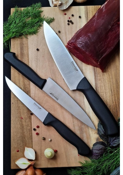 Stevig Cut 4 Chef's Kitchen Şef Ve Sebze Bıçak Seti 17,5 Cm 15 Cm Ve 12,5 Cm St-400.001 - St-400.002 - St-400.003 Siyah