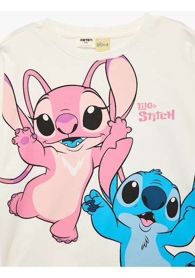 Koton Lisanslı Stitch Baskılı Kısa Kollu Bisiklet Yaka Pamuklu Tişört Ekru 6skg10494ak