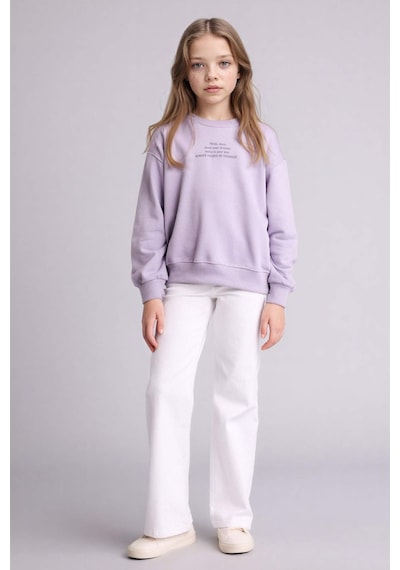 Defacto Relax Fıt Bisiklet Yaka Baskılı Sweatshirt Kız Çocuk E6782a826sppr308 Mor-pr308