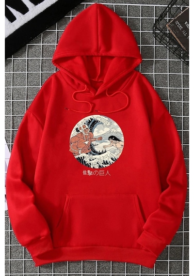 Uyguntarz Unisex Kanagawa Oki Nami Ura Baskılı Sweatshirt Kırmızı