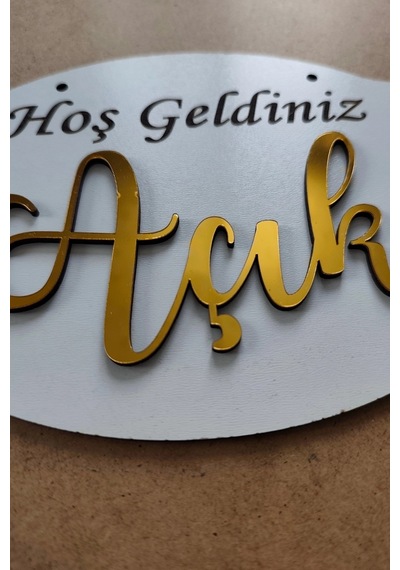 Gold Pleksi Detaylı 3d Ahşap Açık-kapalı Tabelası - Beyaz