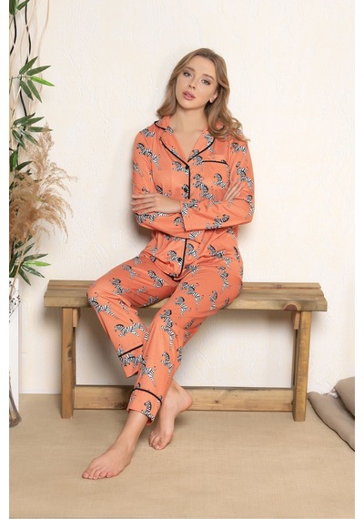 Myben Kadın Kiremit Renkli Düğmeli Zebra Desenli Biyeli Uzun Kollu Pijama Takımı D-10001 Kiremit