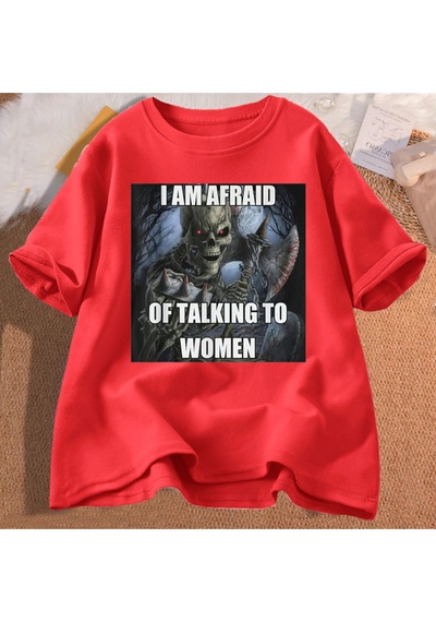 Flood Of Style Ben Kadın T-shirt Erkek Pamuk Kısa Kollu Tees İle Konuşmaktan Korkuyorum Komik Sert İskelet M Kırmızı