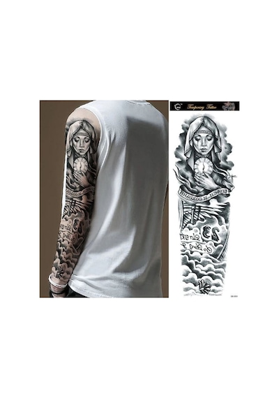 Kolu Kaplayan Büyük Boy Geçici Dövme - Ağlayan Rahibe Ve Mum Figürlü Su Geçirmez Tattoo Sticker