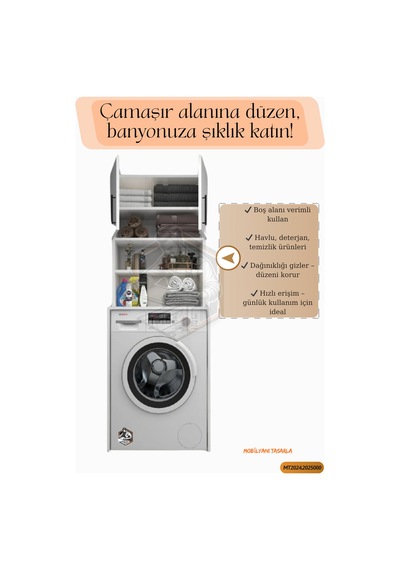 Tamamı Mdf Açık Raflı ve Kapaklı Çamaşır Makinesi Dolabı Beyaz