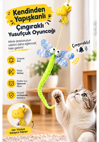 Kendinden Yapışkanlı Çıngıraklı Elastik Kedi Oyuncağı Yusufçuk Peluş Kuyruk