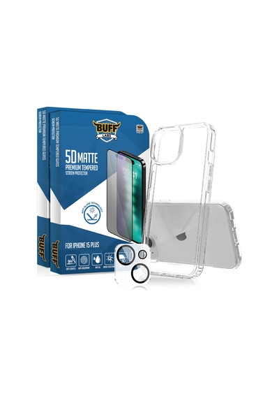 Buff Apple iPhone Uyumlu  15 Plus - 2x5d Ekran Koruyucu + Şeffaf Kılıf + Lens Koruyucu Matte Mat