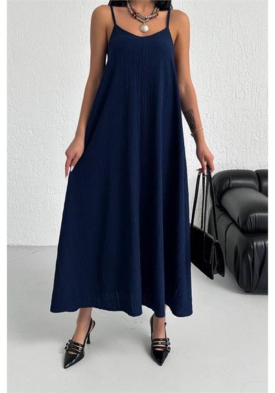 Neşeli Butik Kadın Lacivert Askılı İçi Astarlı Kaş Keten Elbise Nbg017 Lacivert