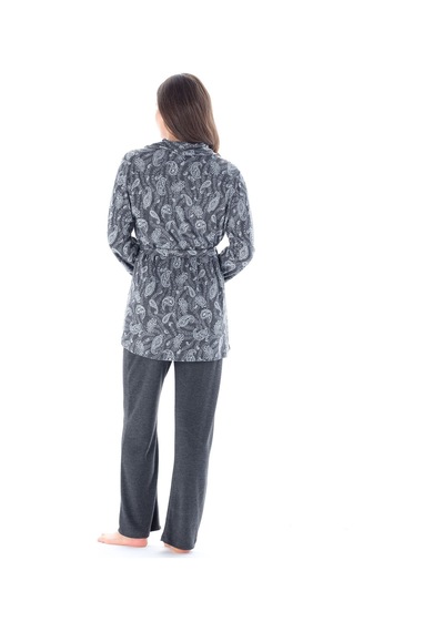 Feyza Pijama Kadın Yakası Düğmeli Belden Bağlamalı Şal Desen Jakarlı 3'lü Pijama Takımı Antrasit