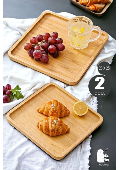 2 Adet Gourmet Kare Bambu Kahvaltı Tabağı Pasta Servis Sunum Tepsi İkramlık Ahşap Tabak 25x25 Seti