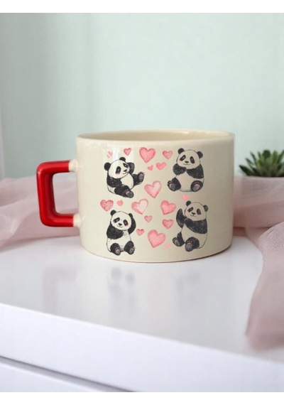 Kalp Ve Panda Baskılı 3'lü Seramik Kupa Bardak Beyaz