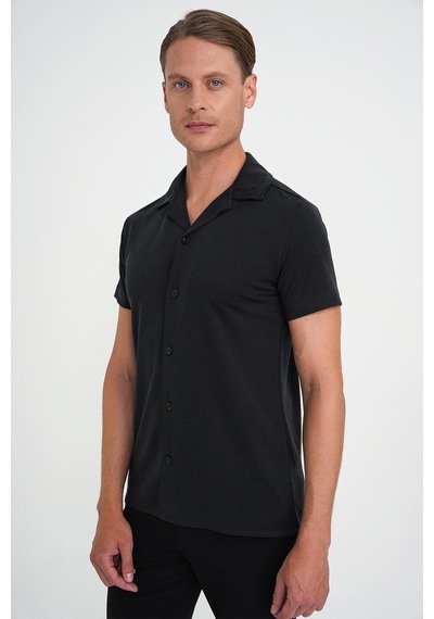 Efor Slim Fit Apaş Yaka Modal Karışımlı Kısa Kol Siyah Gömlek G 1590 Siyah
